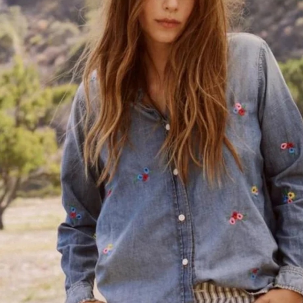 THE GREAT Blue Denim Shirt with Colorful Embroidery